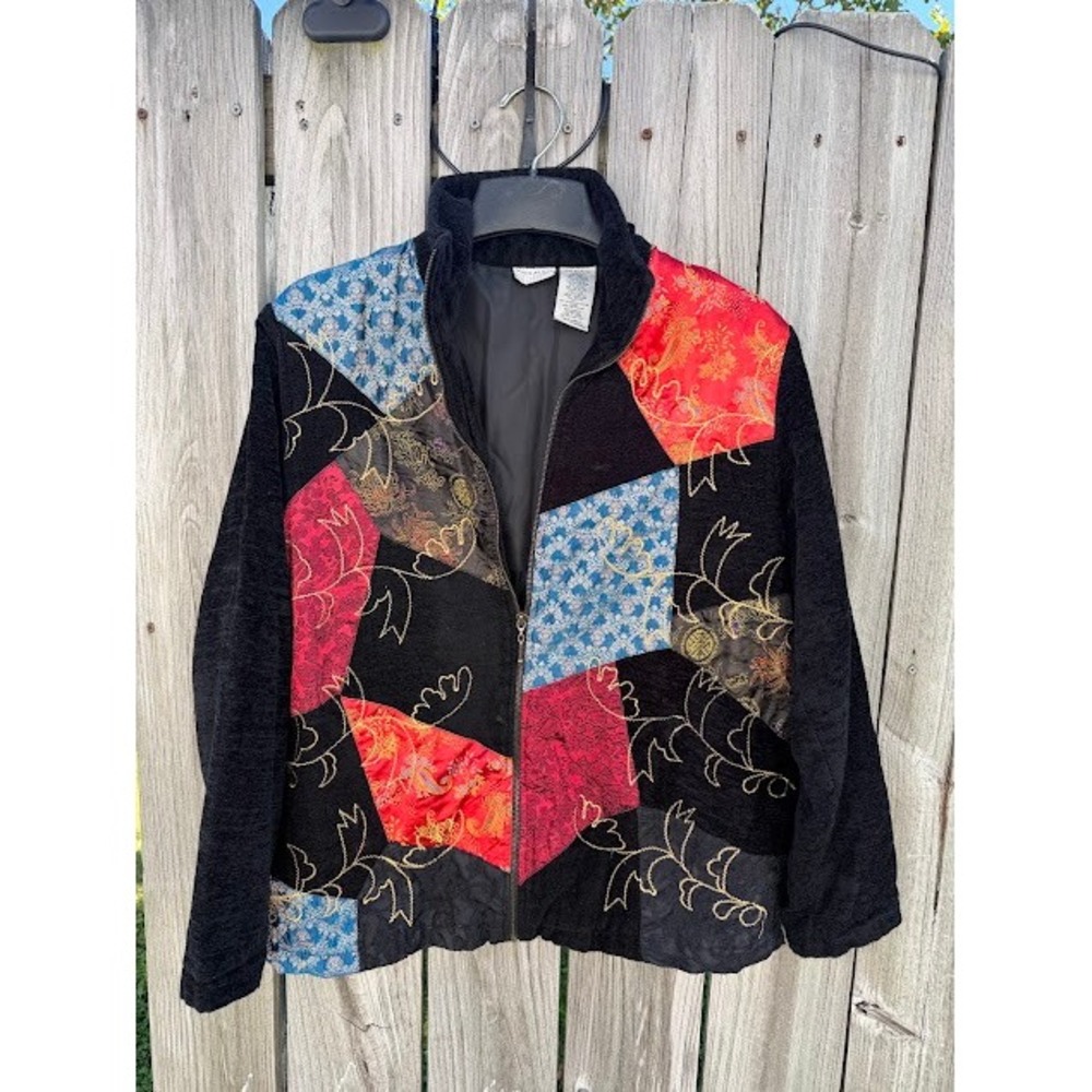 Boho Eclectic White Stag Patchwork Jacket Size M Black Chenille Jacquard Satin